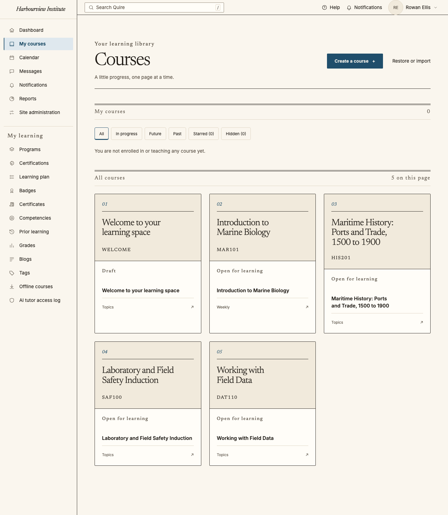 Quire course library at Harbourview Institute, showing a learner's four courses with their progress and the full catalogue