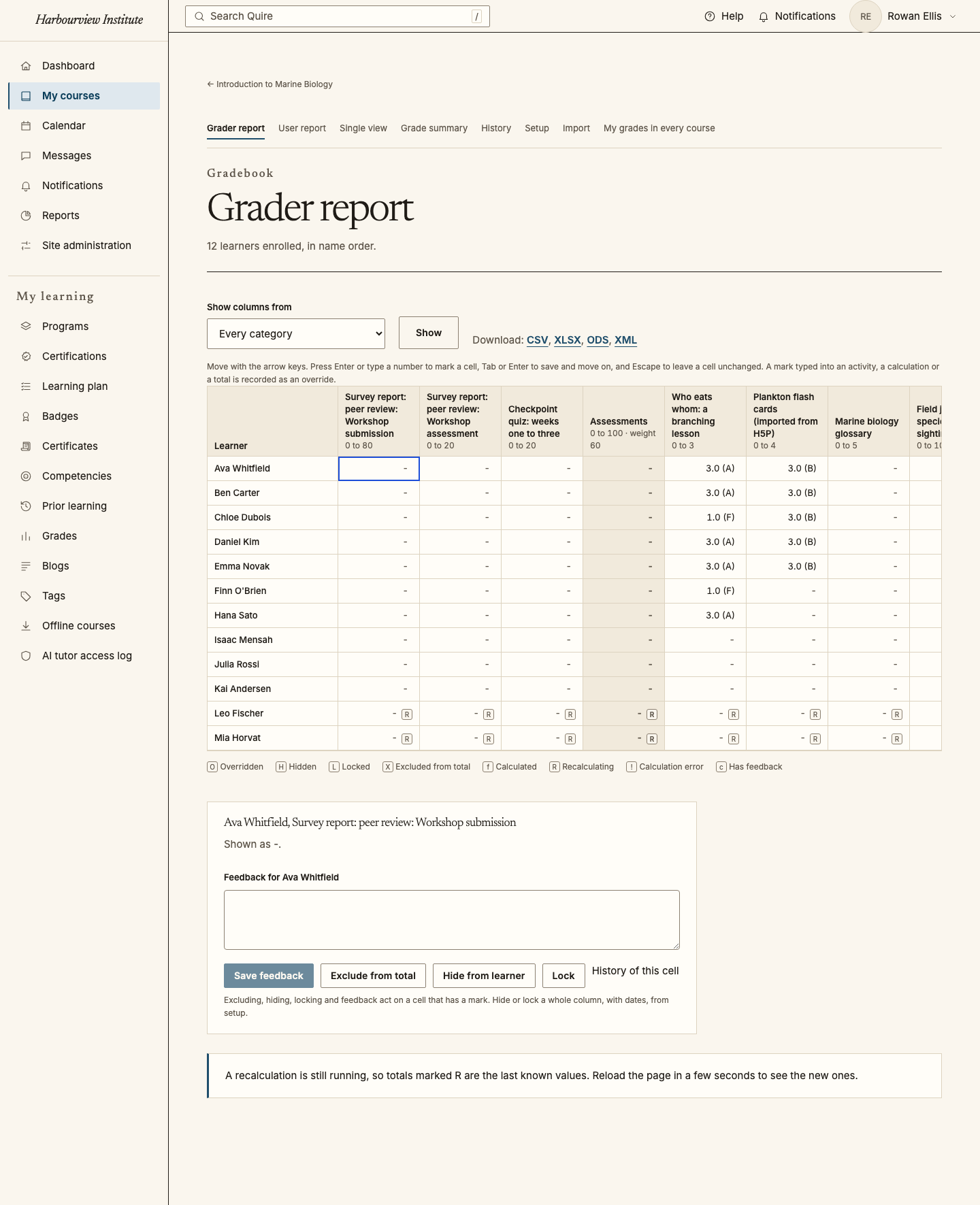 Quire grader report for Introduction to Marine Biology, with weighted categories, letter grades and marks for the checkpoint quiz and branching lesson